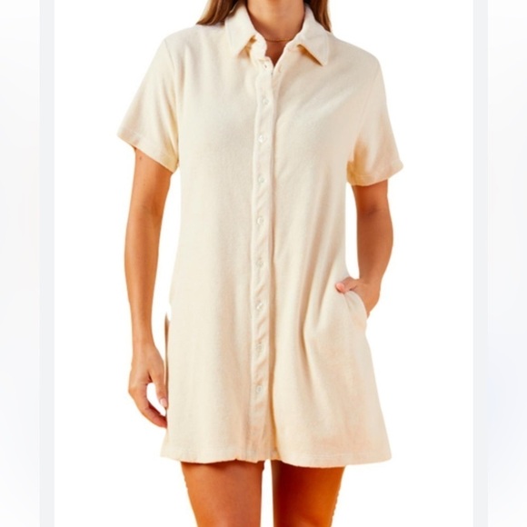 Monrow Terry Button Front Shirt Dress Pearl Size Small - Picture 1 of 9
